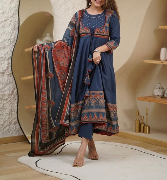 Ajrakh blue cotton Anarkali