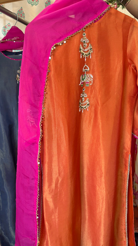 Jewel orange elephant handwork premium tissue suit with organza Dupatta & tulip pants