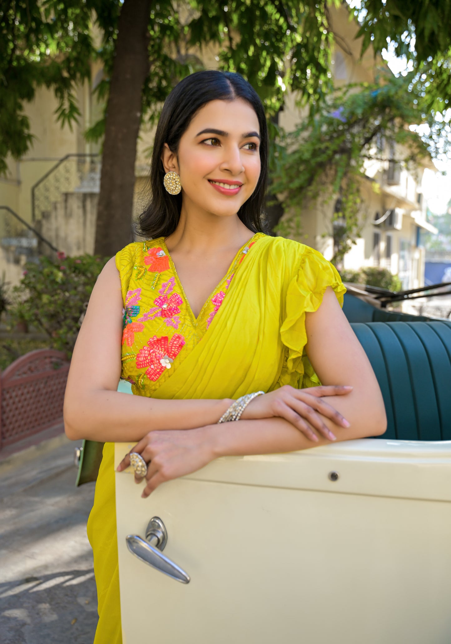 Yellow drepe saree