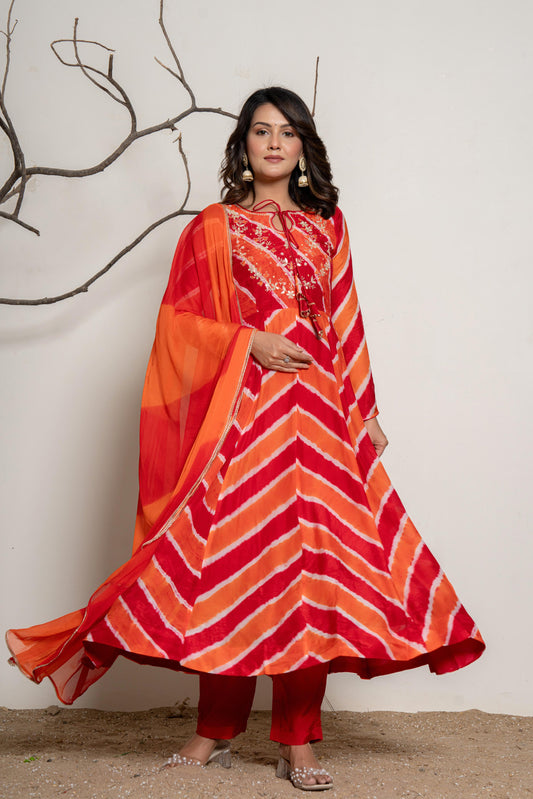 Red orange lehriya crepe Anarkali