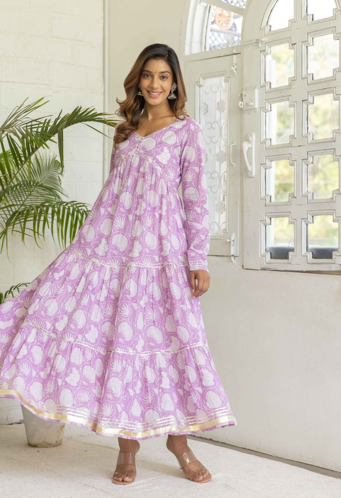 Preety green / purple cotton  layed anarkali