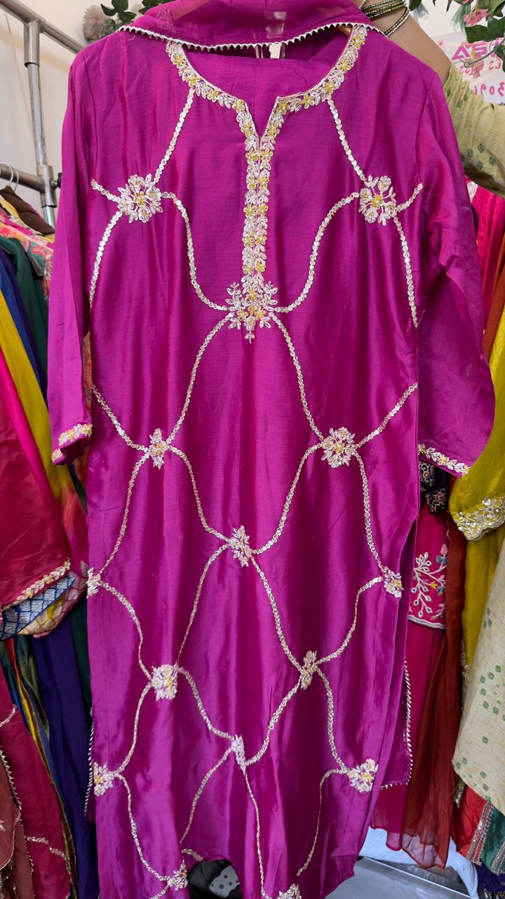 Jal Dan ka work chandari silk suit with organza dup and pants