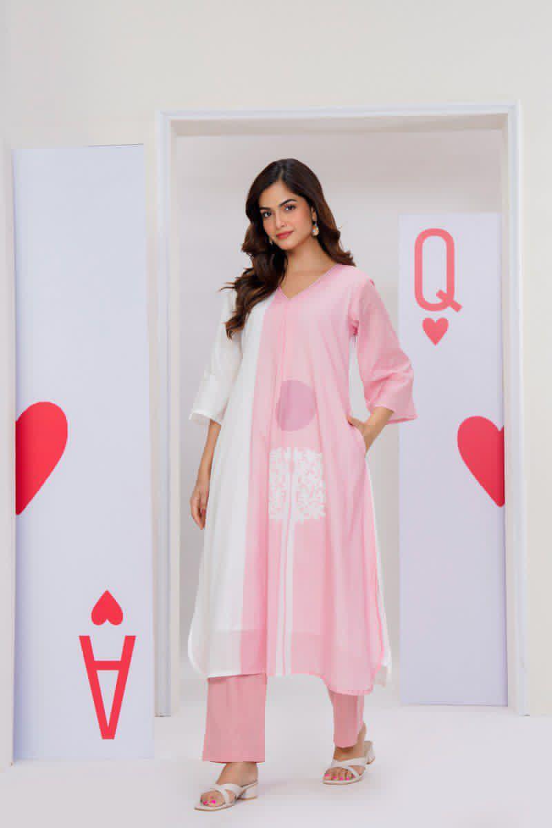Baby pink premium cotton kurta pant set with lining