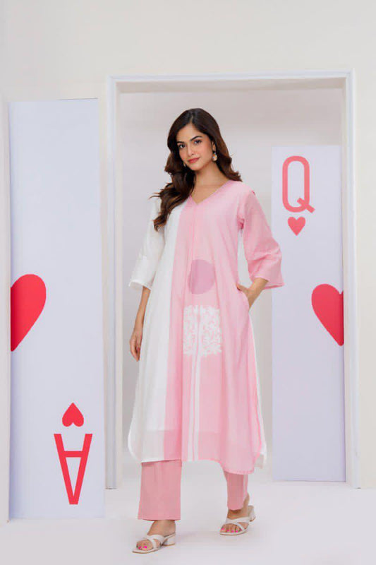 Baby pink premium cotton kurta pant set with lining