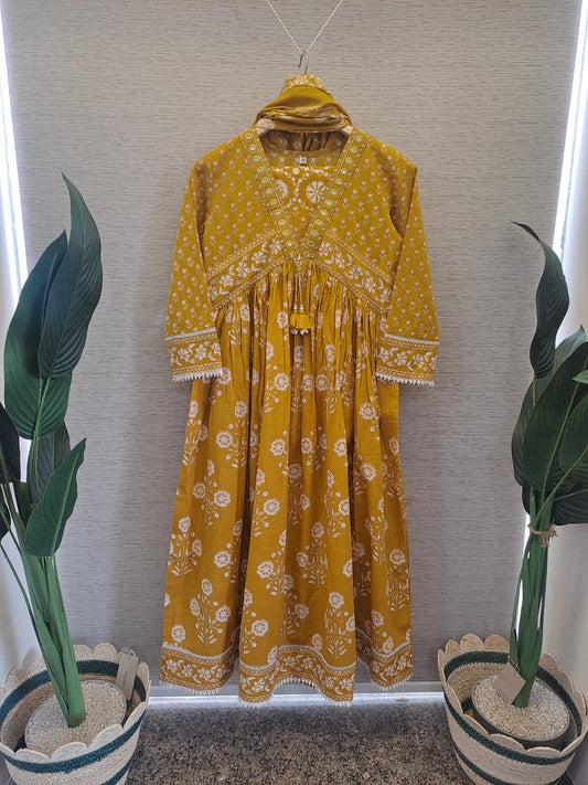 Yellow organic cotton Anarkali suit