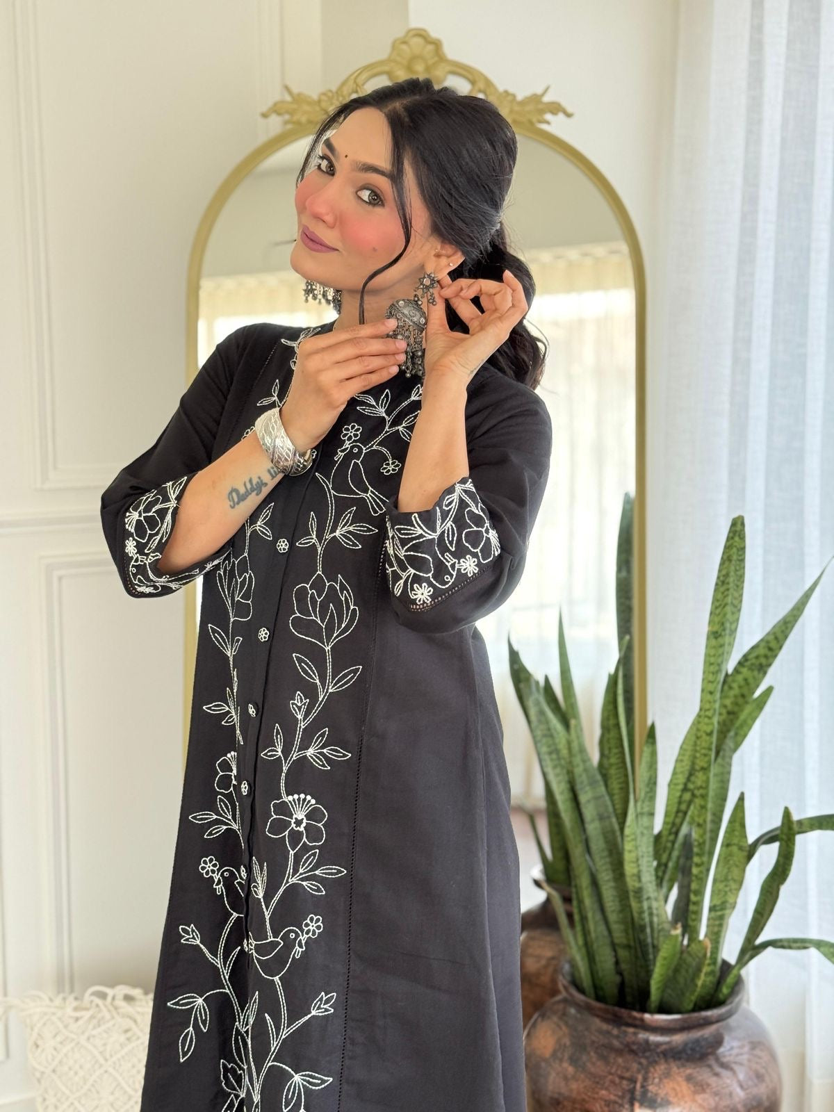 Black cotton embroidery kurta pant