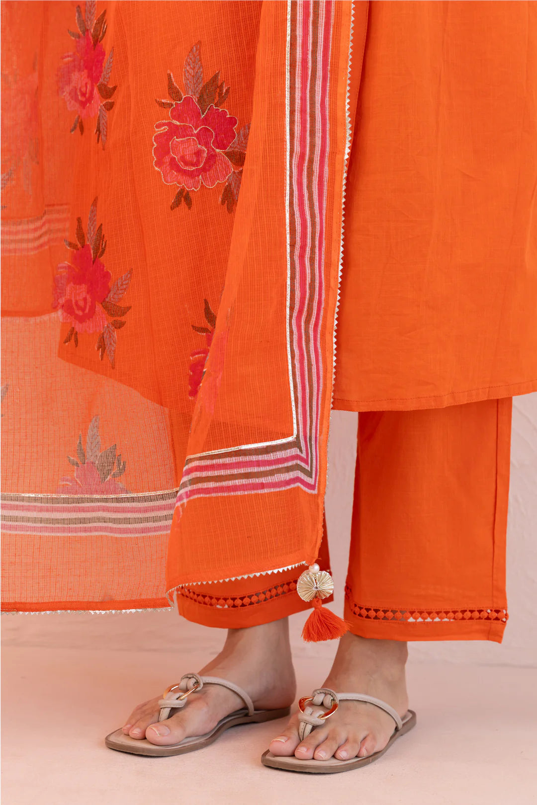Fanta orange COTTON SLUB PLAIN DYE ANGRAKHA KURTA SET IN GOLD FLAME