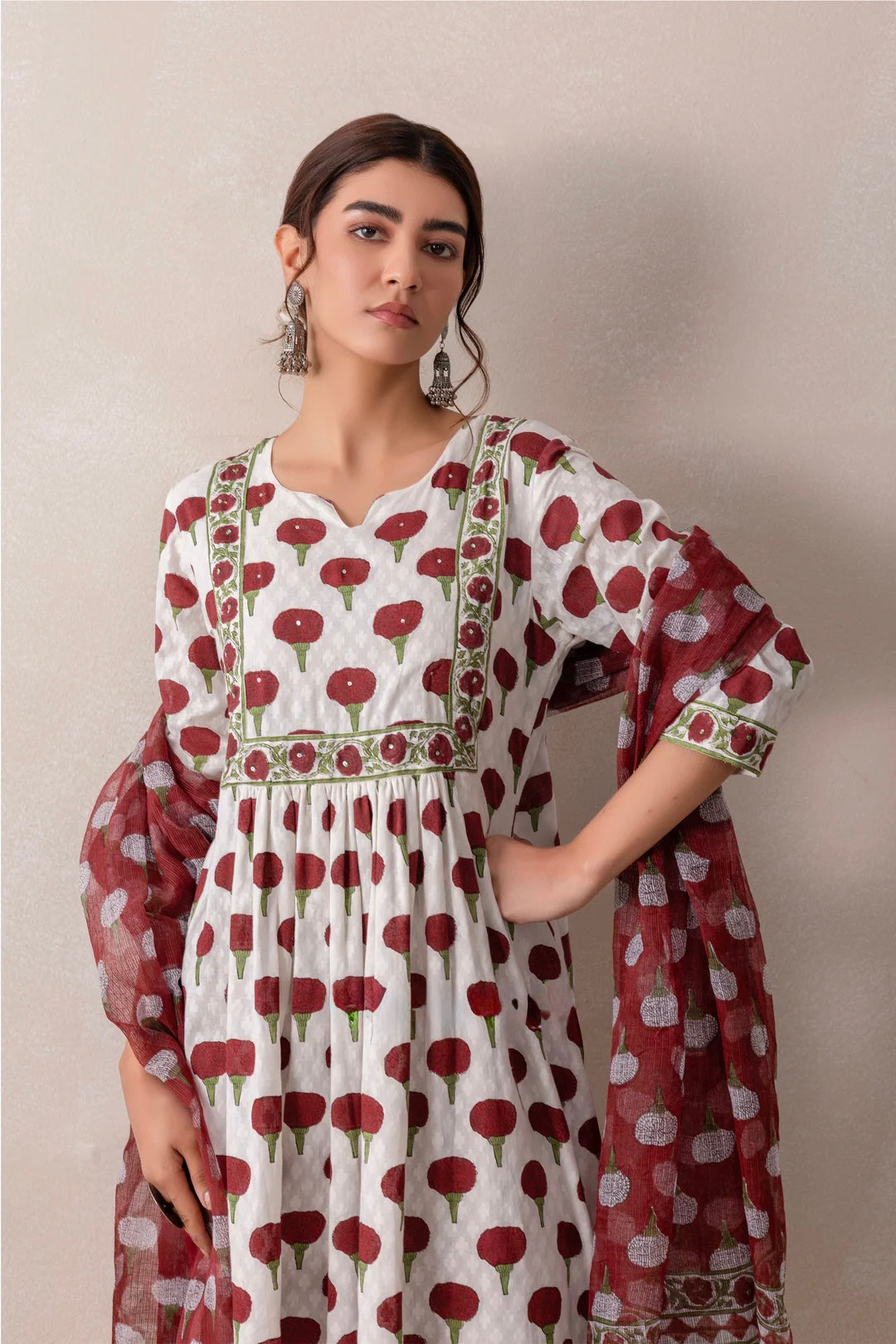 Marron marigold handblock cotton suit with pure kota doria dupatta