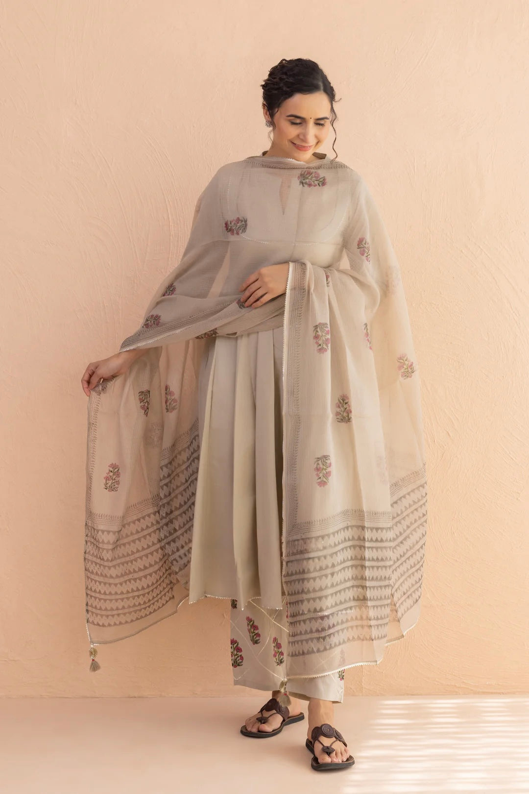 COTTON BLOCK PRINT MATKA ANARKALI KURTA SET IN MUSHROOM
