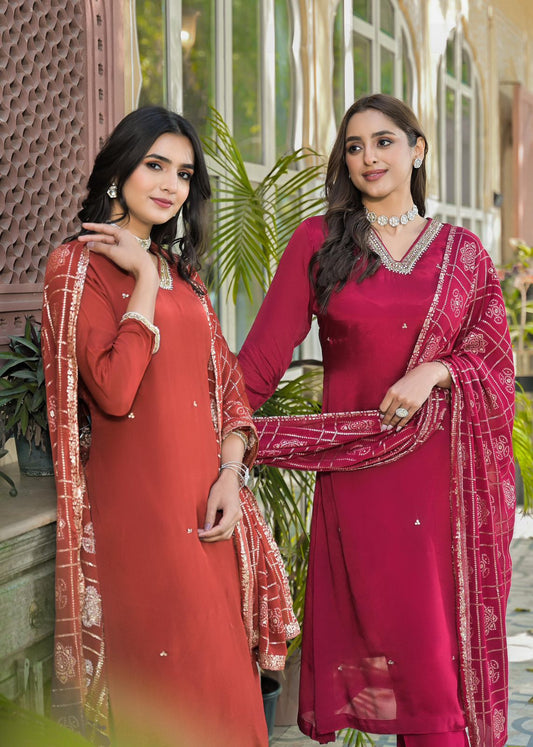 Chinon red & rust Bandhani Dupatta