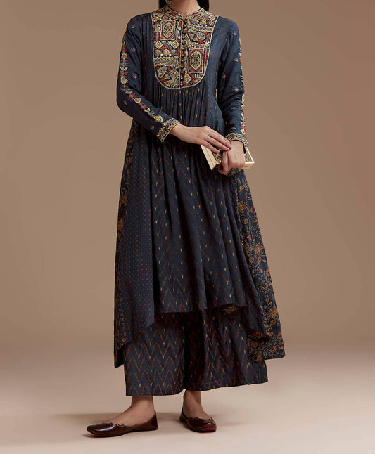 Boho navy blue heavy embroidery cotton silk kurta and palazzo set