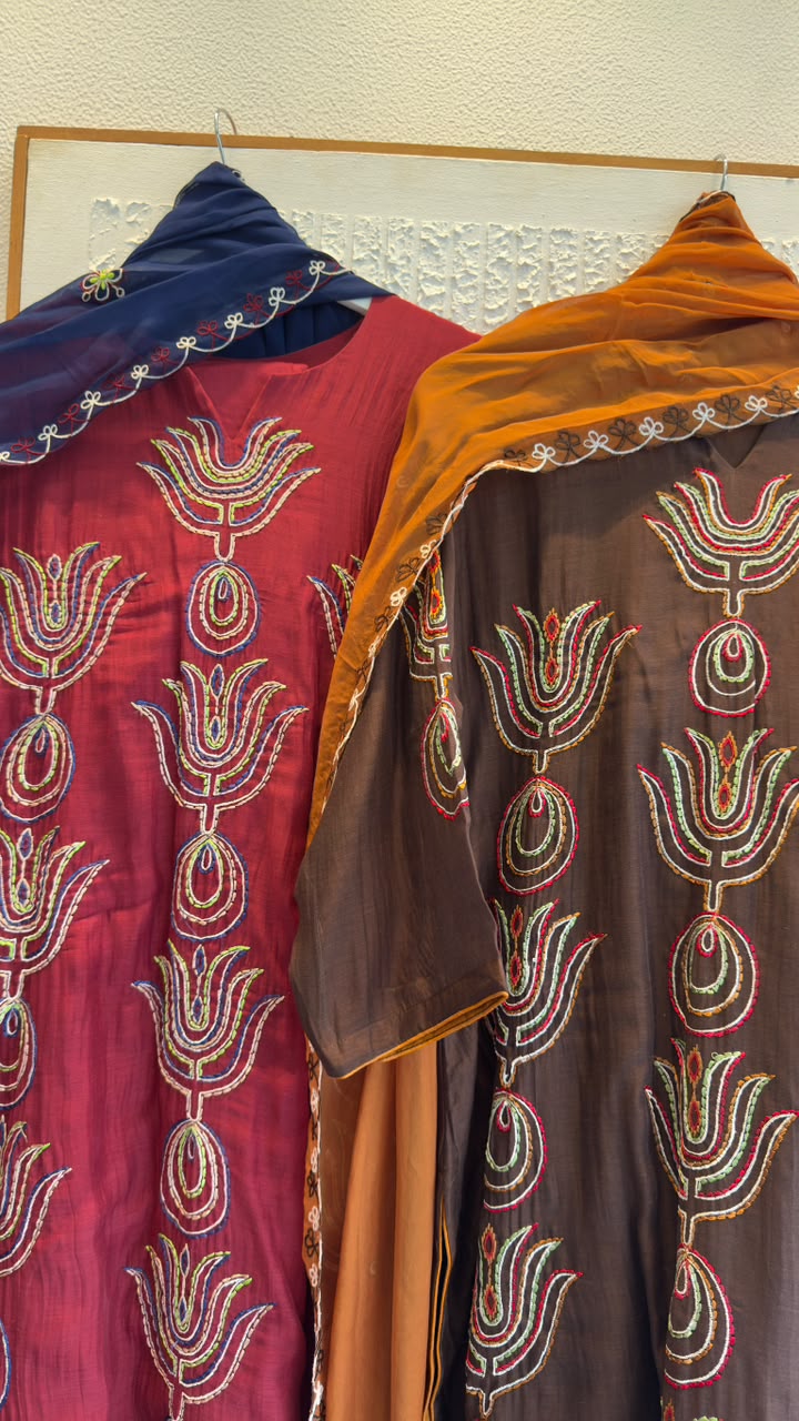 African embroidery mul chandari suit with soft organza dup & cotton silk pants