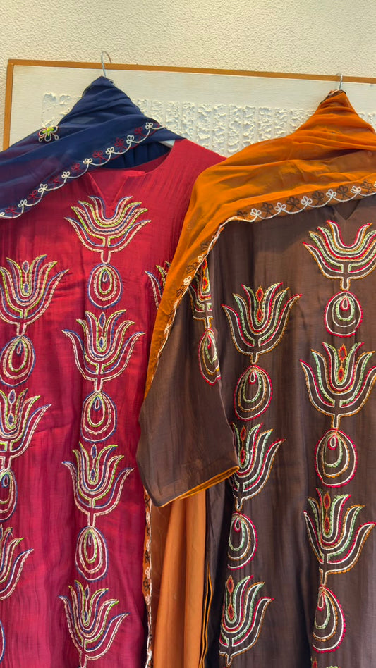 African embroidery mul chandari suit with soft organza dup & cotton silk pants