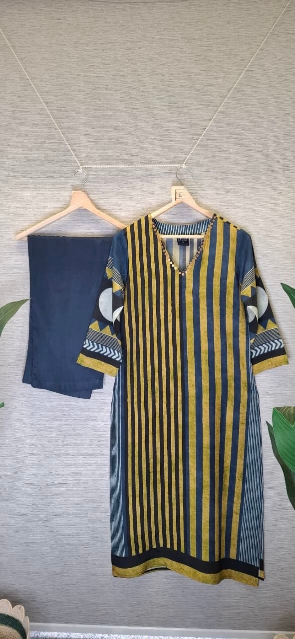 Yellow blue strip Ajrakh muslin kurta pant set
