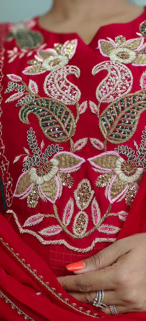 Elegant Designer Long Kurti in Premium Chanderi Fabric with Intricate Floral Embroidery A-Line Full Suit Set With Dupatta