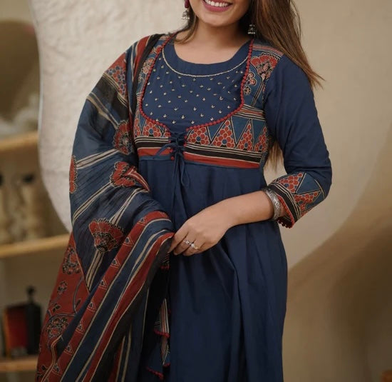 Ajrakh blue cotton Anarkali