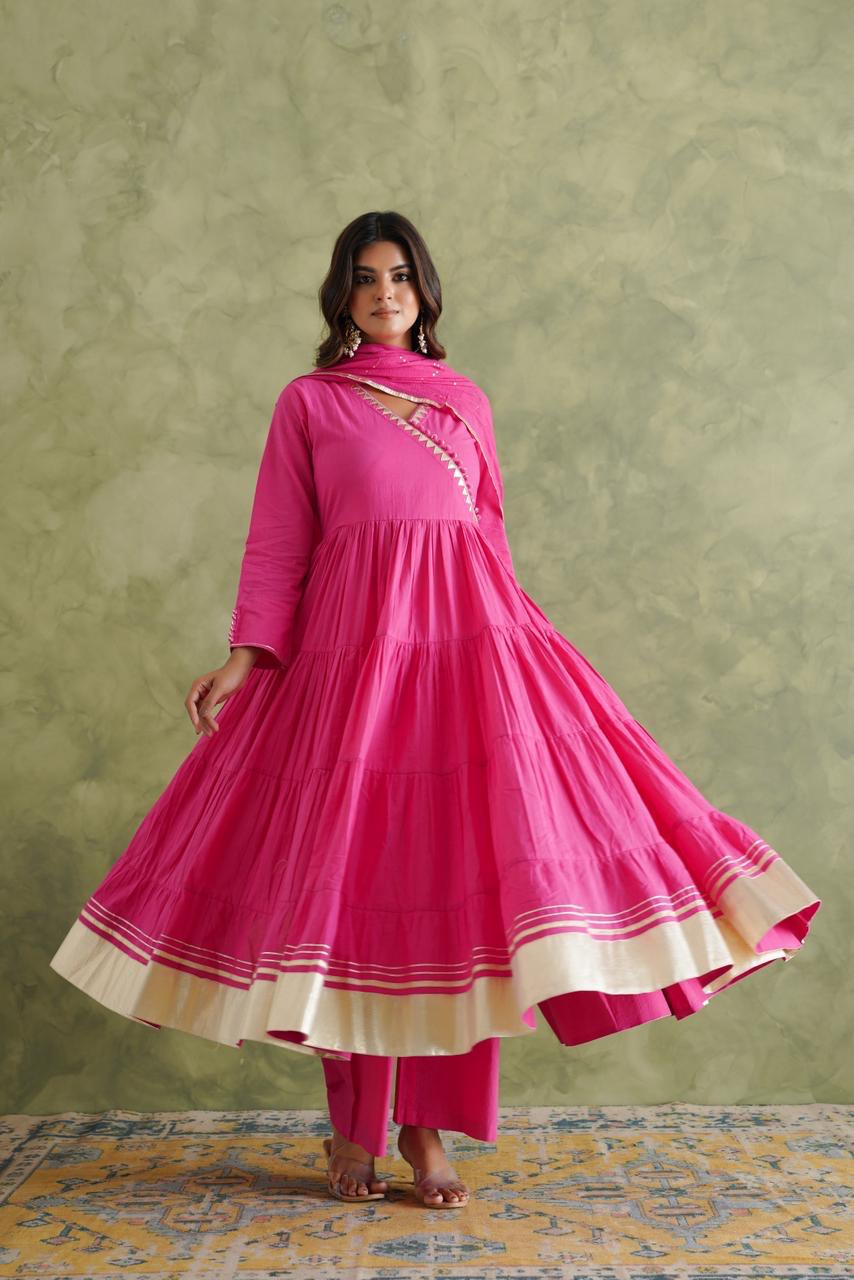 Pink beautiful cotton Anarkali with gota and kota doria dupatta