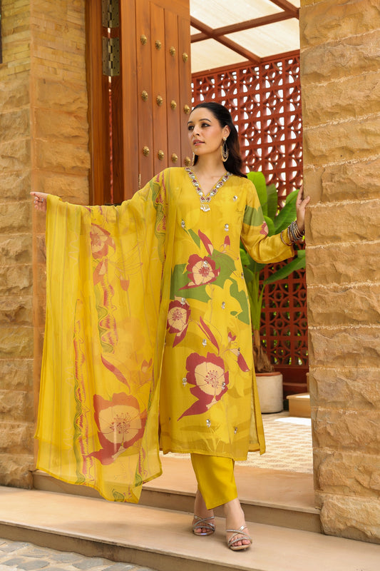 Yellow crepe with chiffon Dupatta and chiffon dup cotton lining