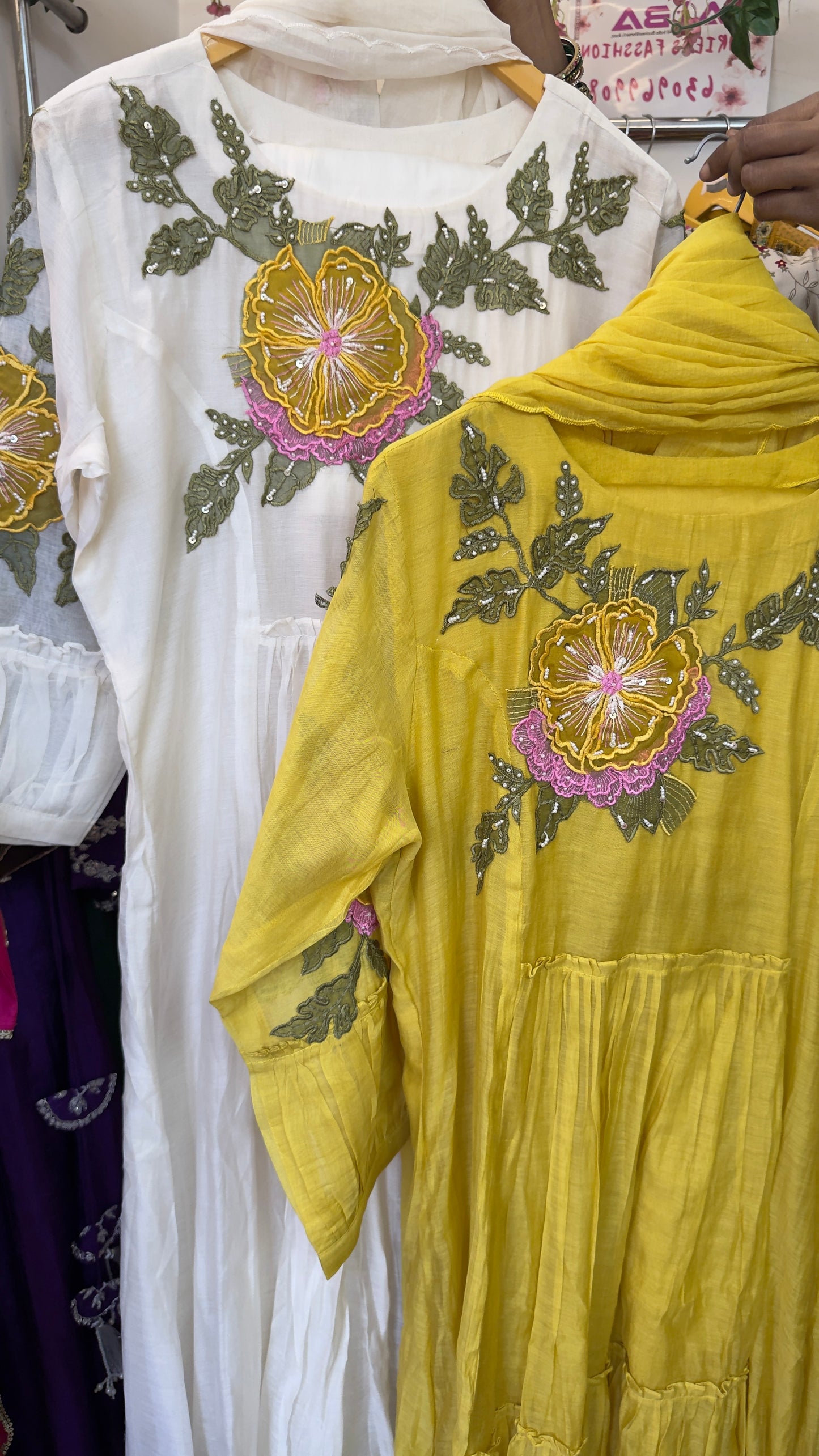 Summery mul chandari Anarkali with appliqué detailing in dup with cotton silk pants