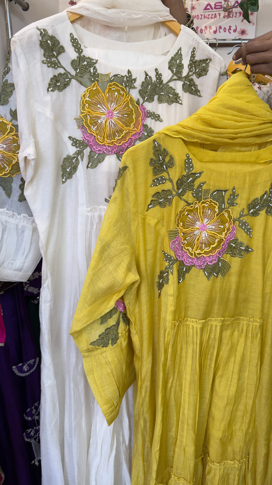 Summery mul chandari Anarkali with appliqué detailing in dup with cotton silk pants