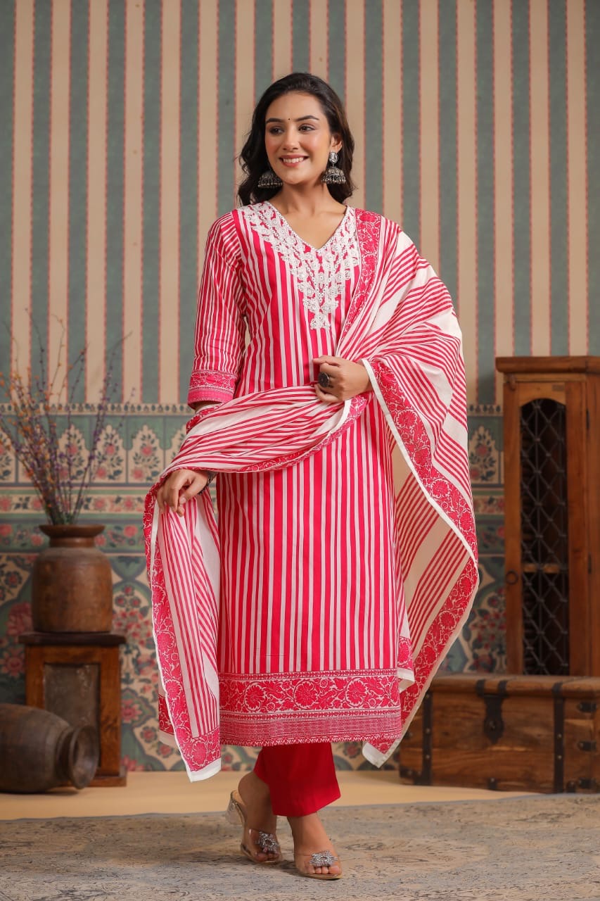 Strip cotton kurta pant duppata set