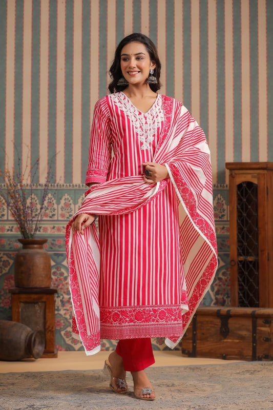 Strip cotton kurta pant duppata set