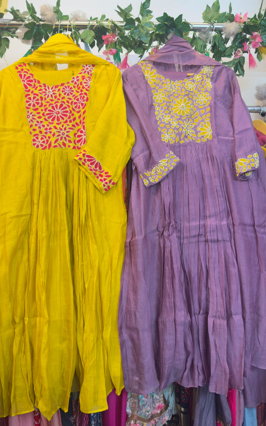 Moti & appliqué mul chandari (yellow/purple)