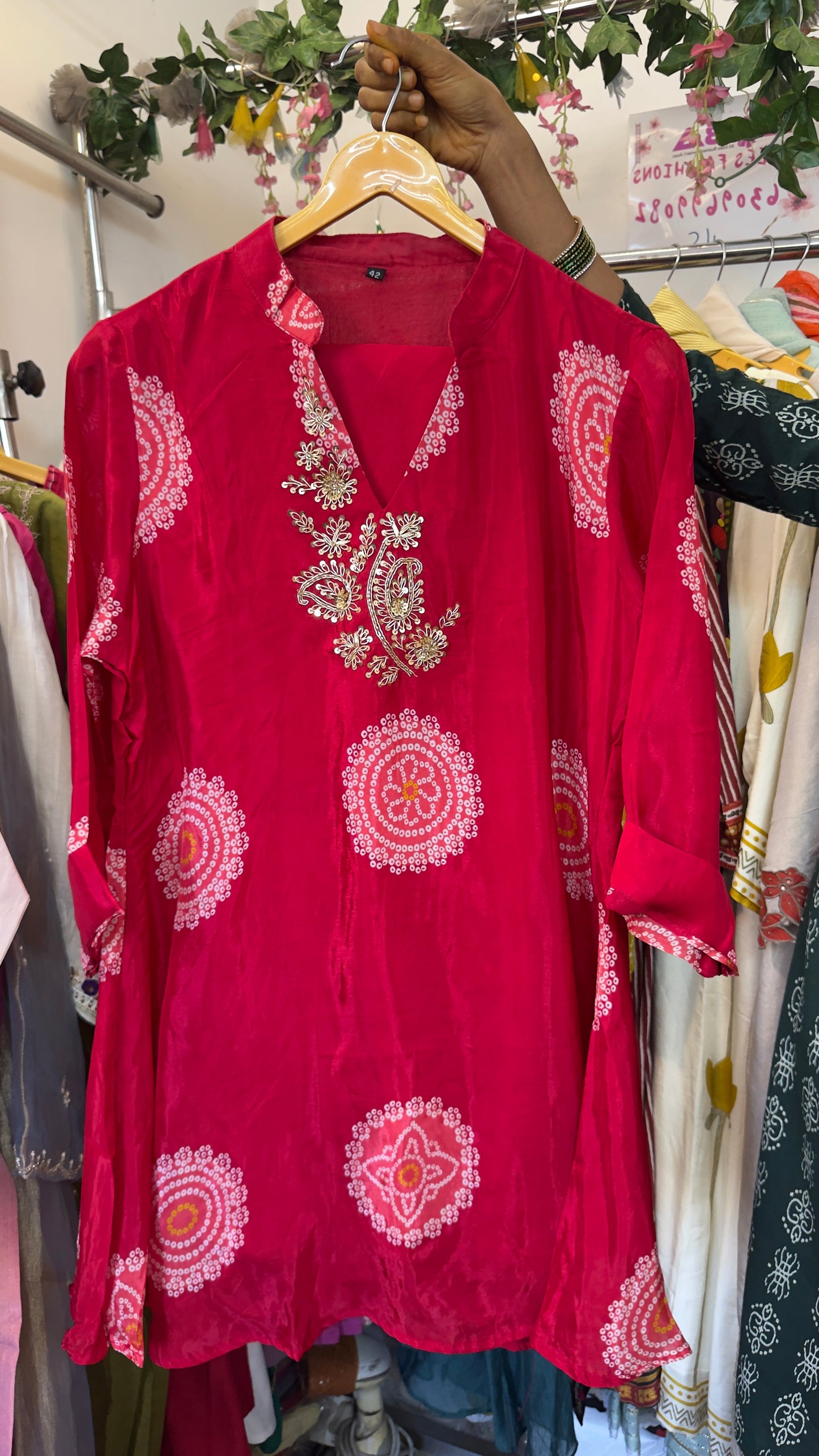 Pink/red Bandhani silk co ord set with handwork