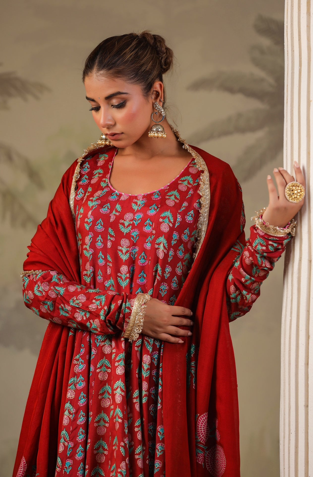 Red Block Print Mughal Print  Anarkali