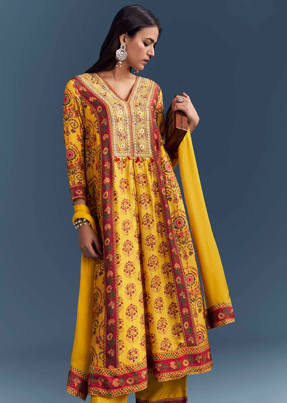 Premium raw silk Anarkali with chiffon Dupatta