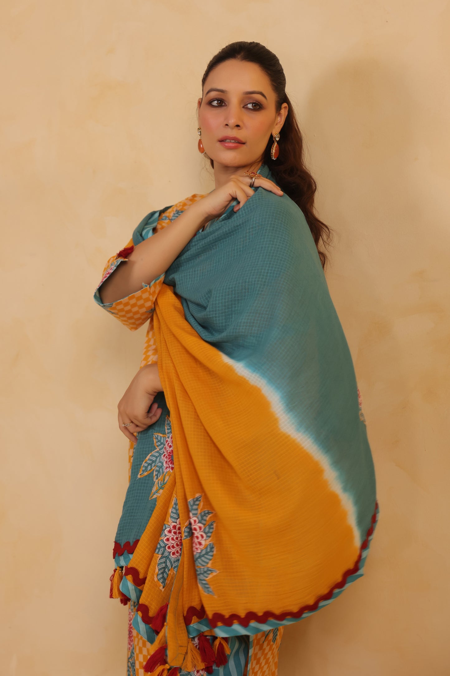 Yellow  Gomertical cotton premium suit with beautiful detailing & kota doria dupatta
