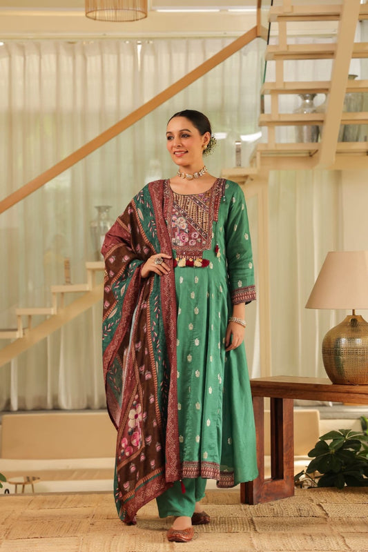 Beautiful green Boho Look Panel Anarkali Full Suit Set With Dupatta In Dola Silk Fabric