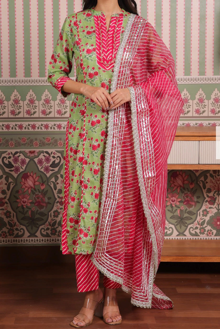 Pure cotton Jaipuri block with lehriya kota doria dupatta