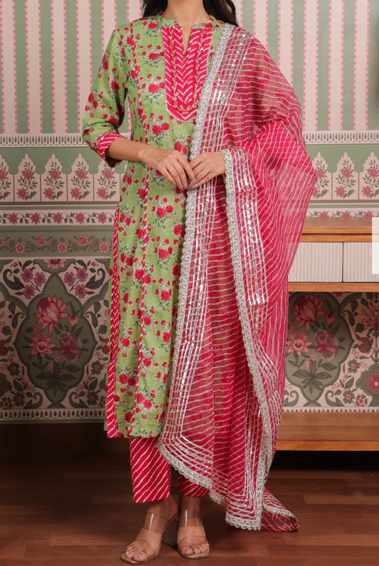 Pure cotton Jaipuri block with lehriya kota doria dupatta