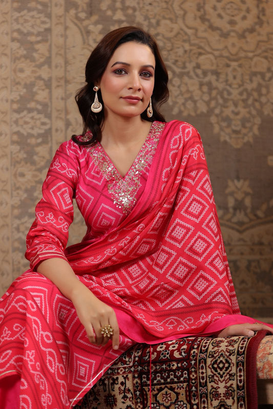 Red pink Bandhani muslin silk suit