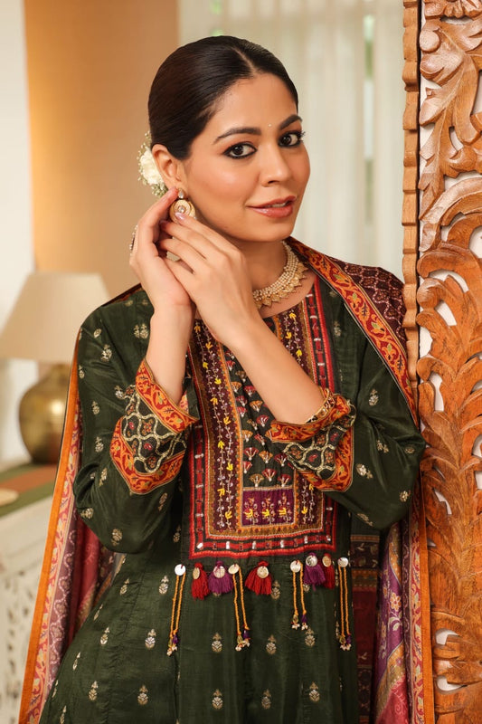 Beautiful mehendi green Boho Look Panel Anarkali Full Suit Set With Dupatta In Dola Silk Fabric