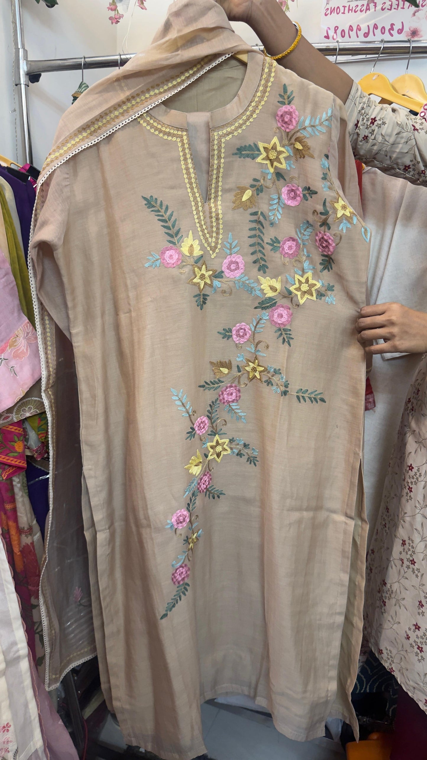Parsi embroidery Mul chandari staright suit