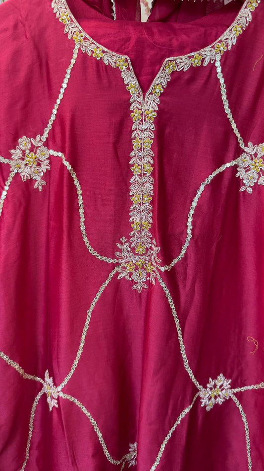 Jal Dan ka work chandari silk suit with organza dup and pants