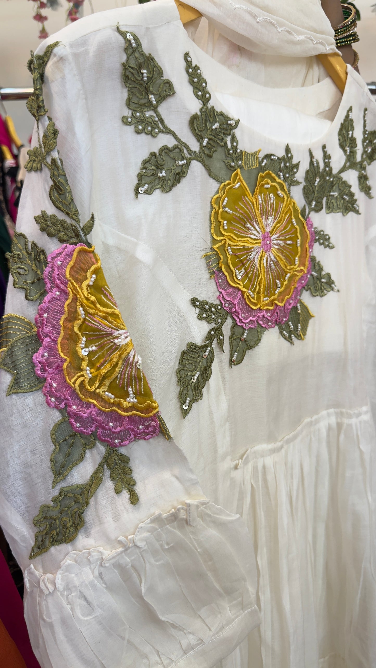 Summery mul chandari Anarkali with appliqué detailing in dup with cotton silk pants