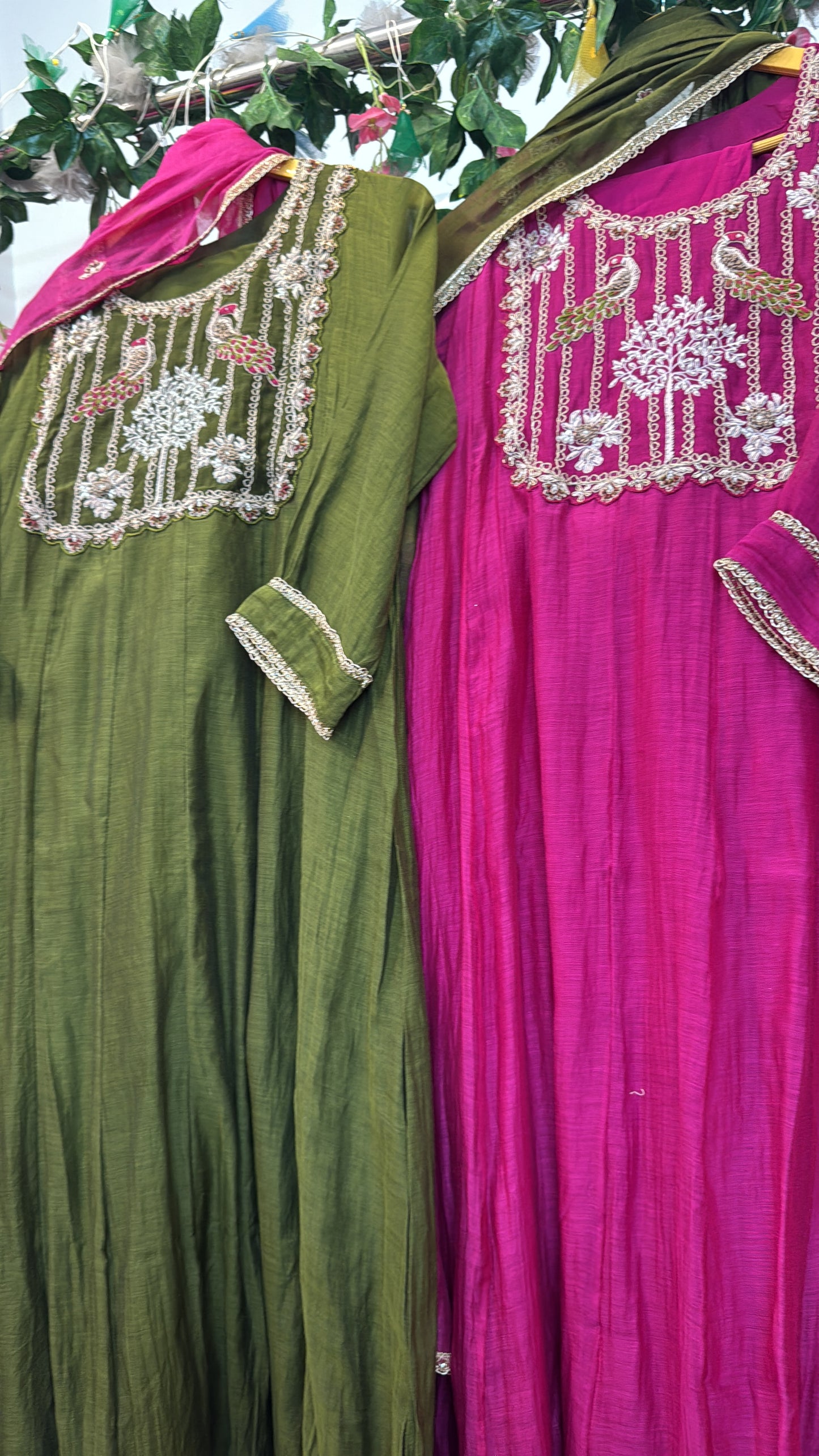 Morni handwork contrast colour mul chandari suit