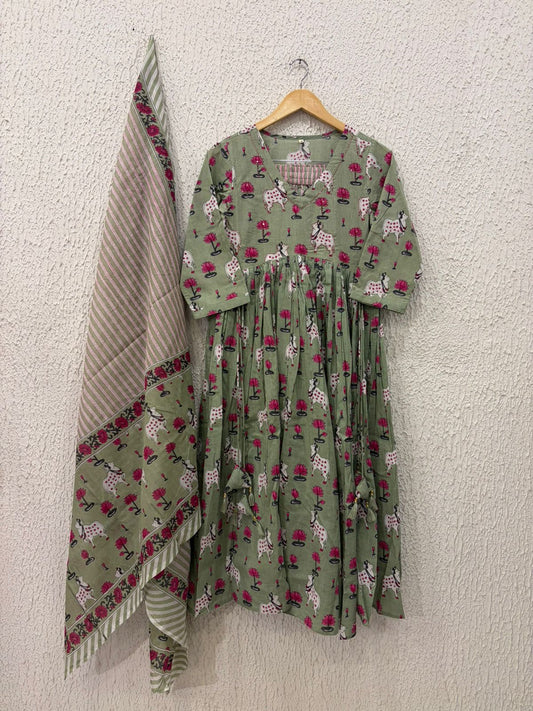 Pista green picwai cotton Anarkali suit