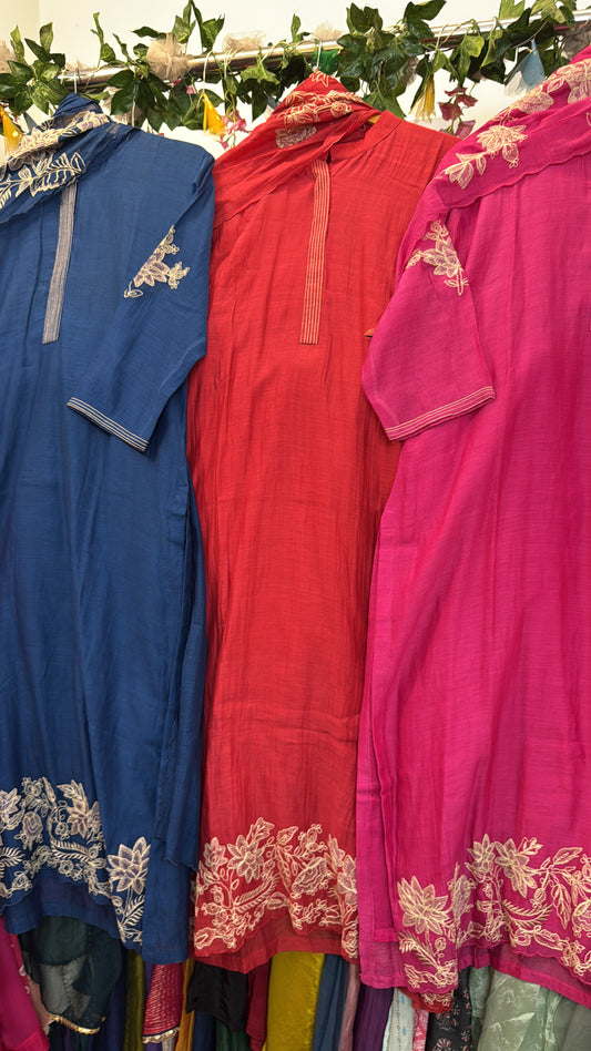 Embroidery pure mul chandari standing collar suit
