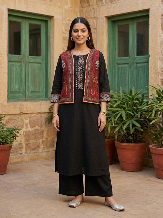Embroidery reversible jacket with cotton kurta plazoo set