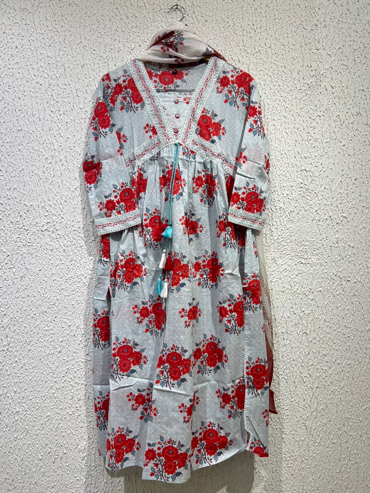 Sky blue red flower cotton