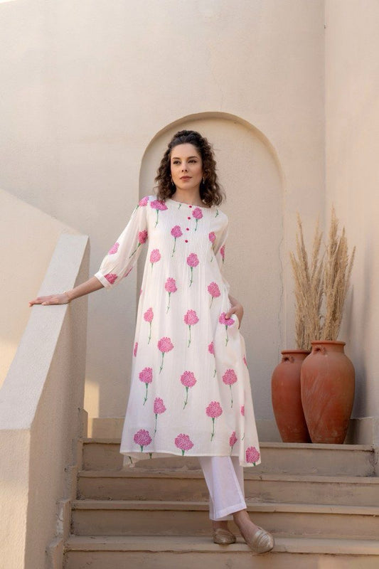 White with pink flower cotton kurta pant