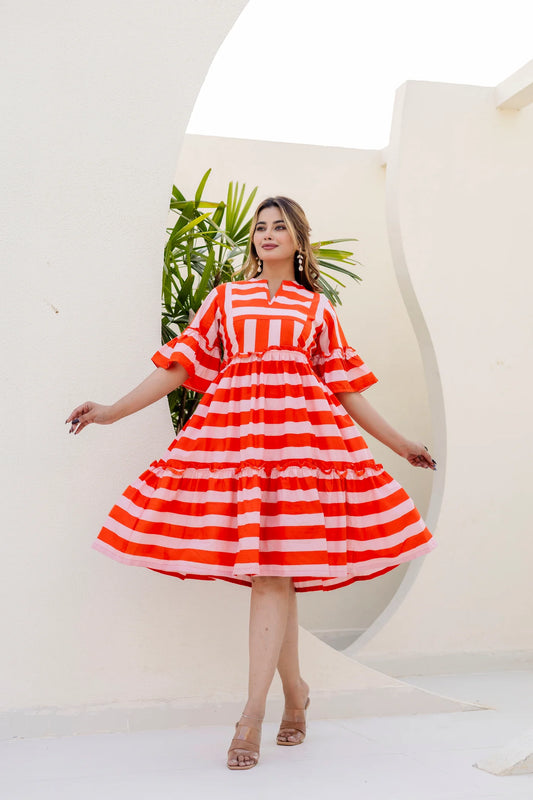 Salsa stripes orange printed cotton dress