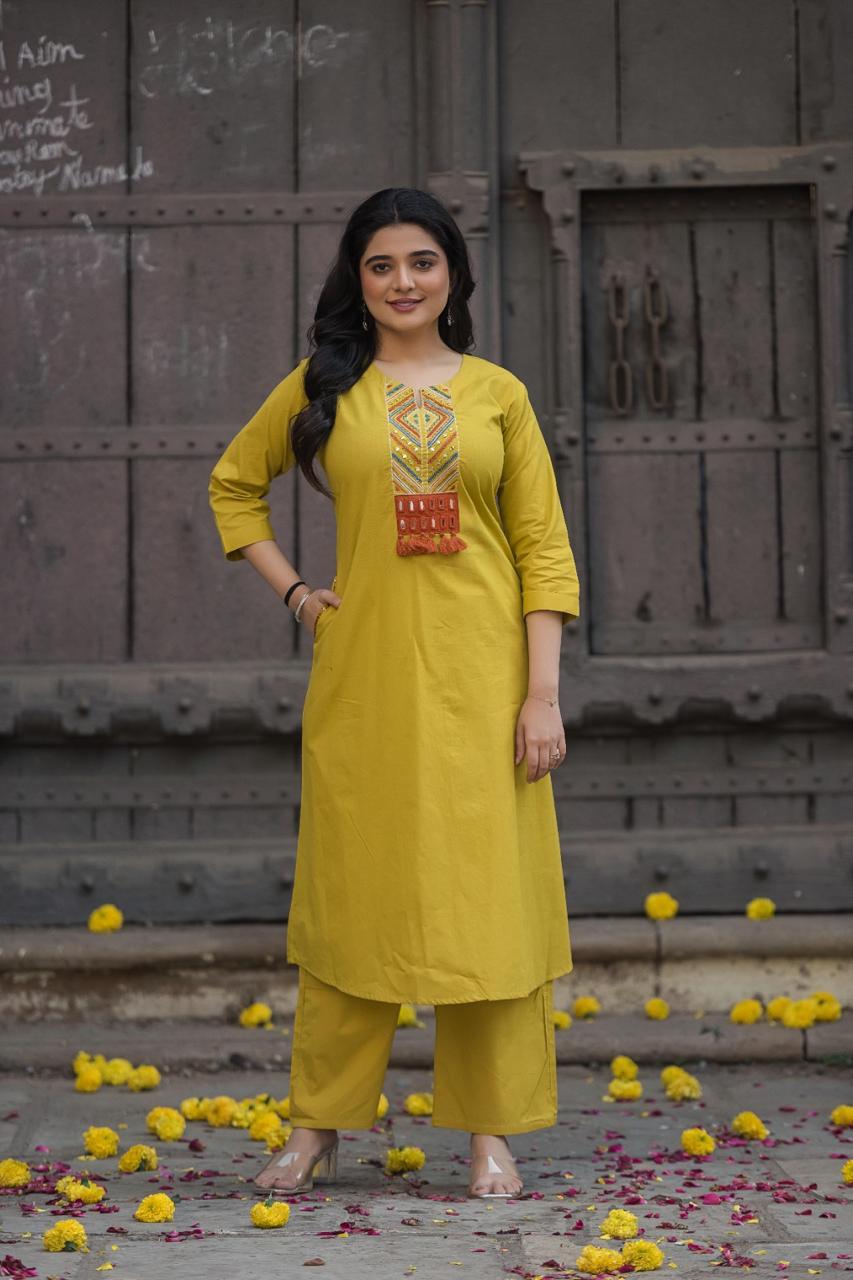 Slub cotton real mirror work kurta pant set