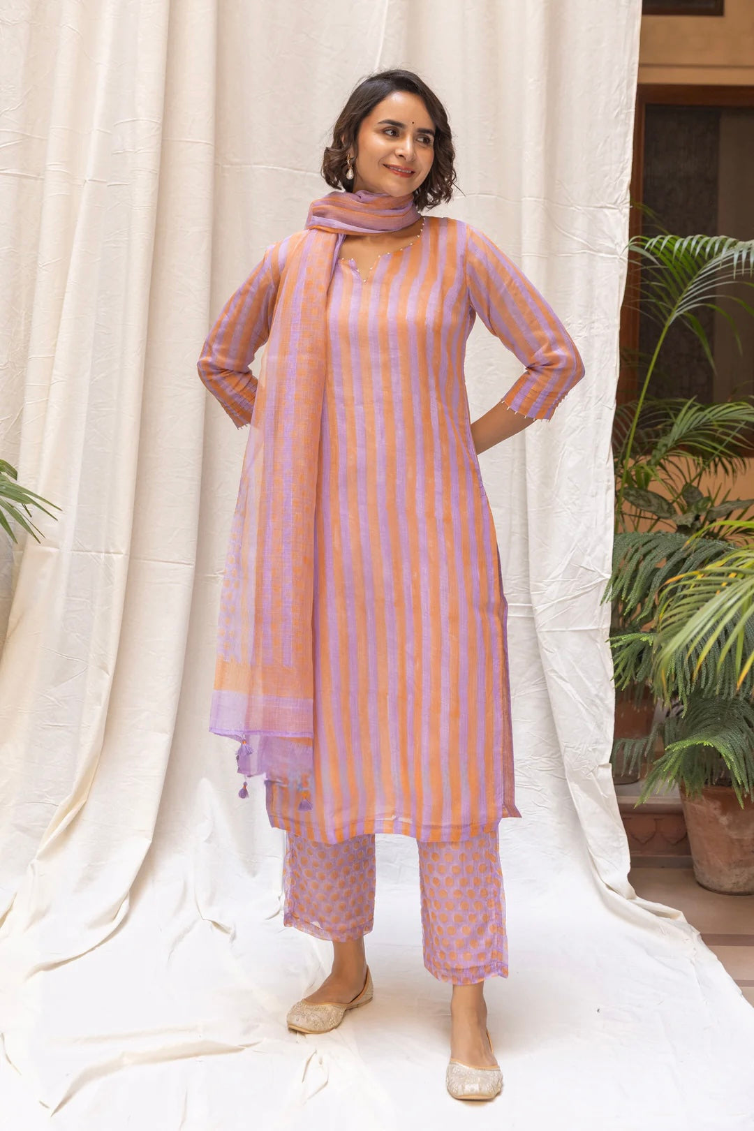 KOTA DORIA STRIPE BLOCK PRINT KURTA SET IN SHADES OF SWEET PEACH & LAVENDER