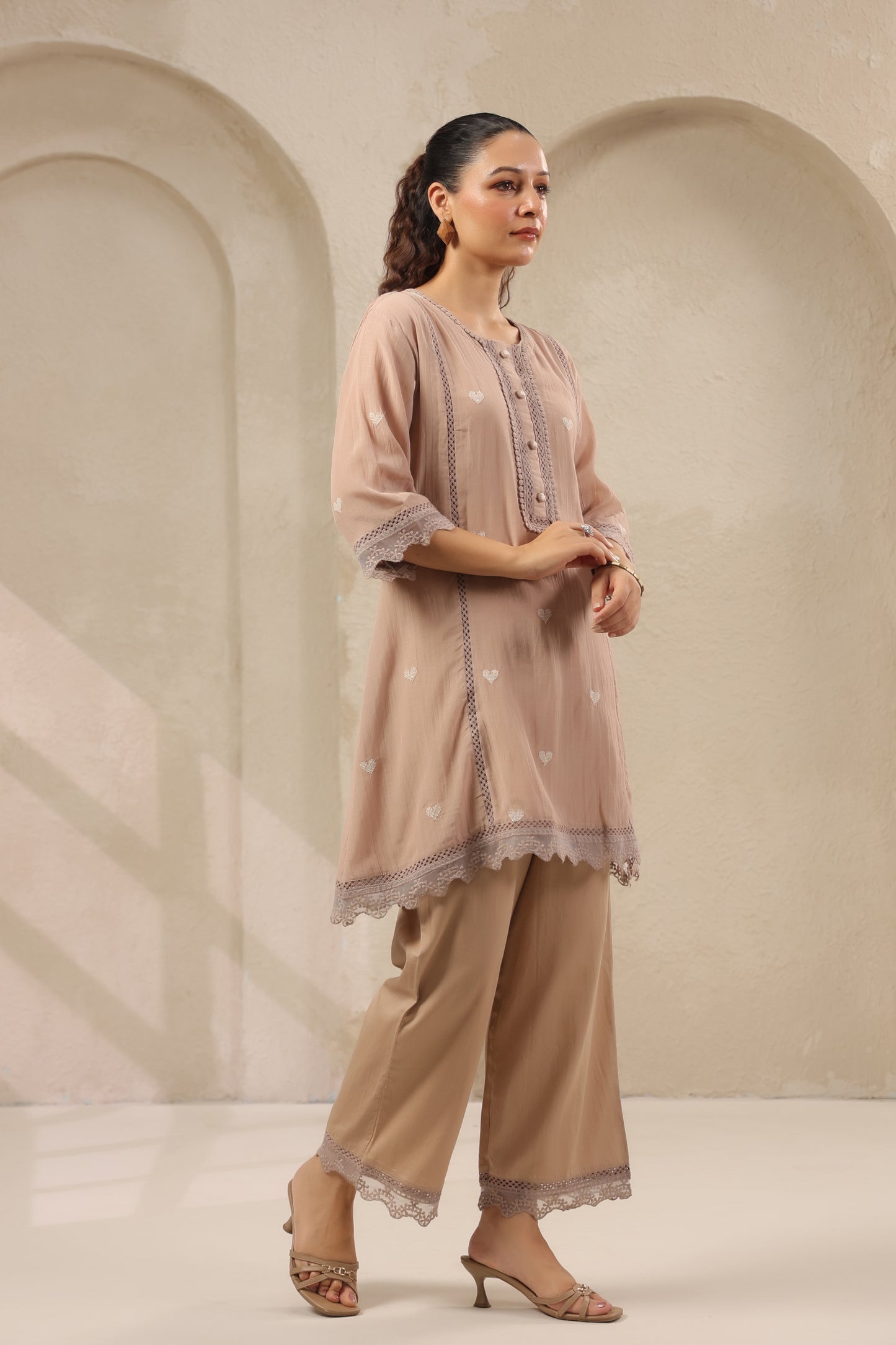 Heart Ivory pink mul chandari co ord set