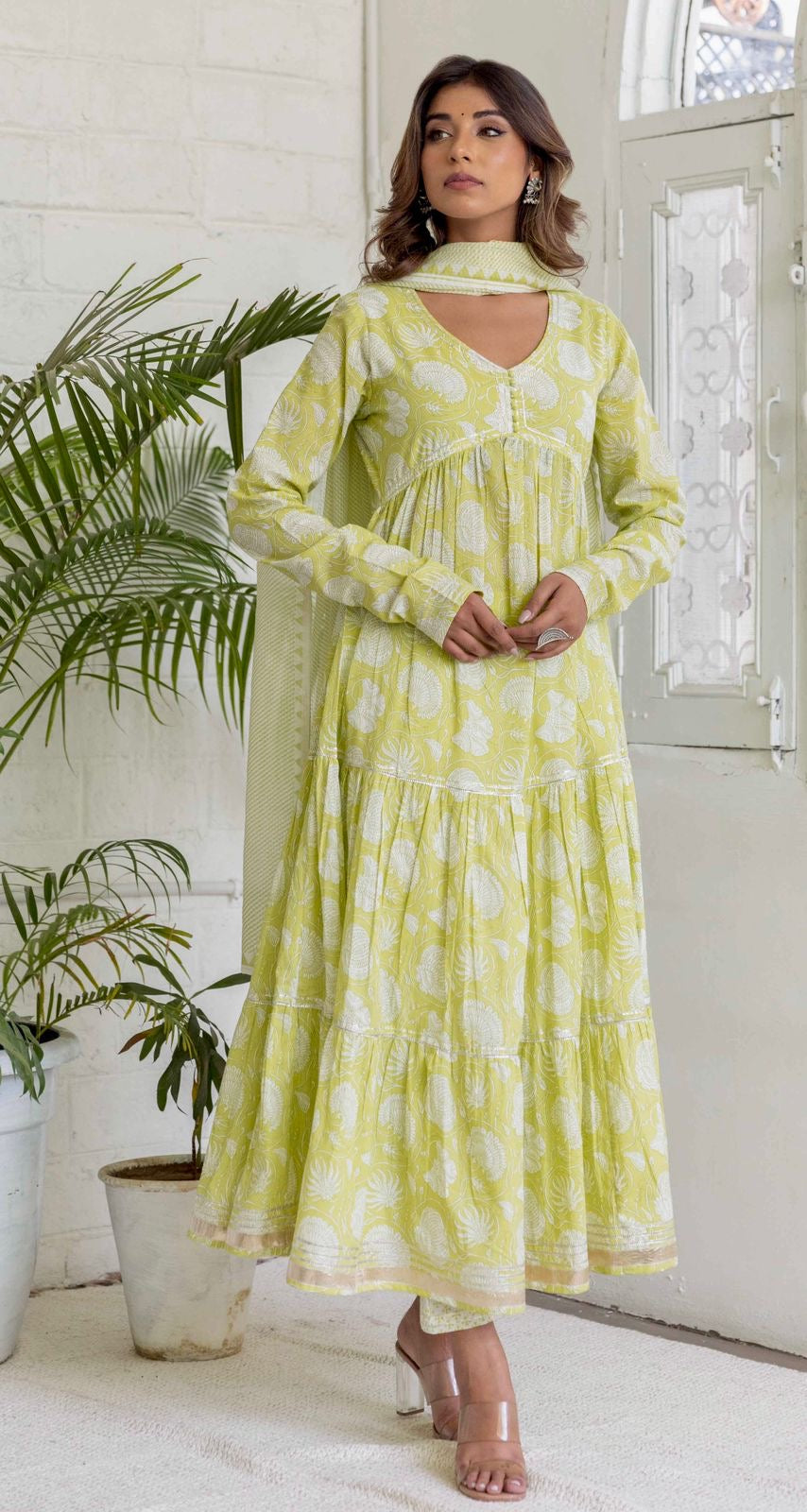 Preety green / purple cotton  layed anarkali